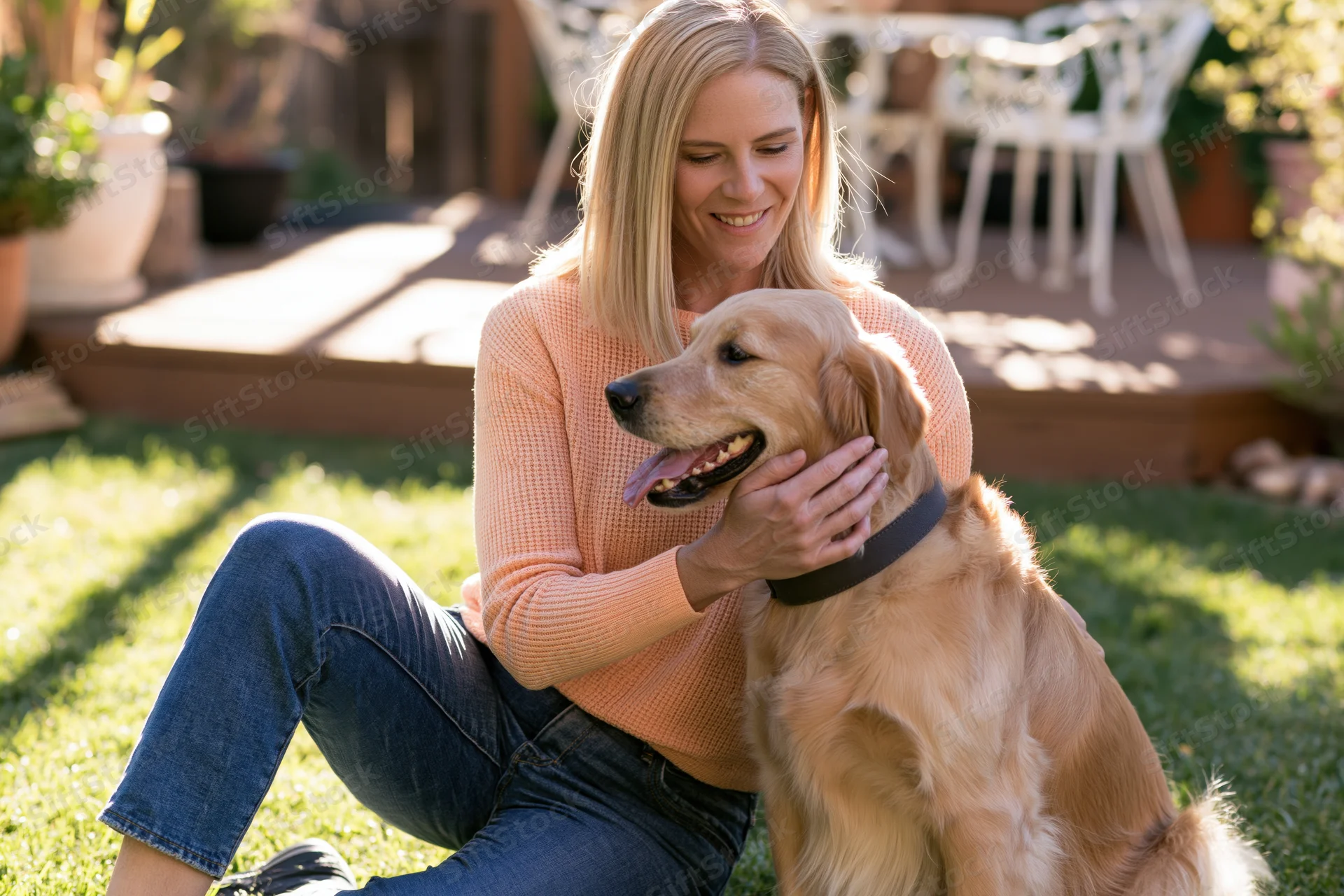 Woman smiling and petting golden retriever on grass in backyard garden