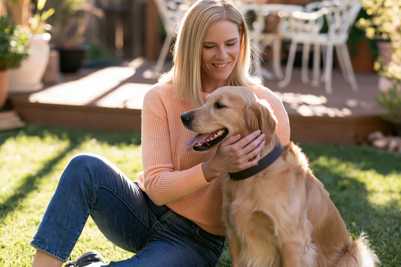 Woman smiling and petting golden retriever on grass in backyard garden