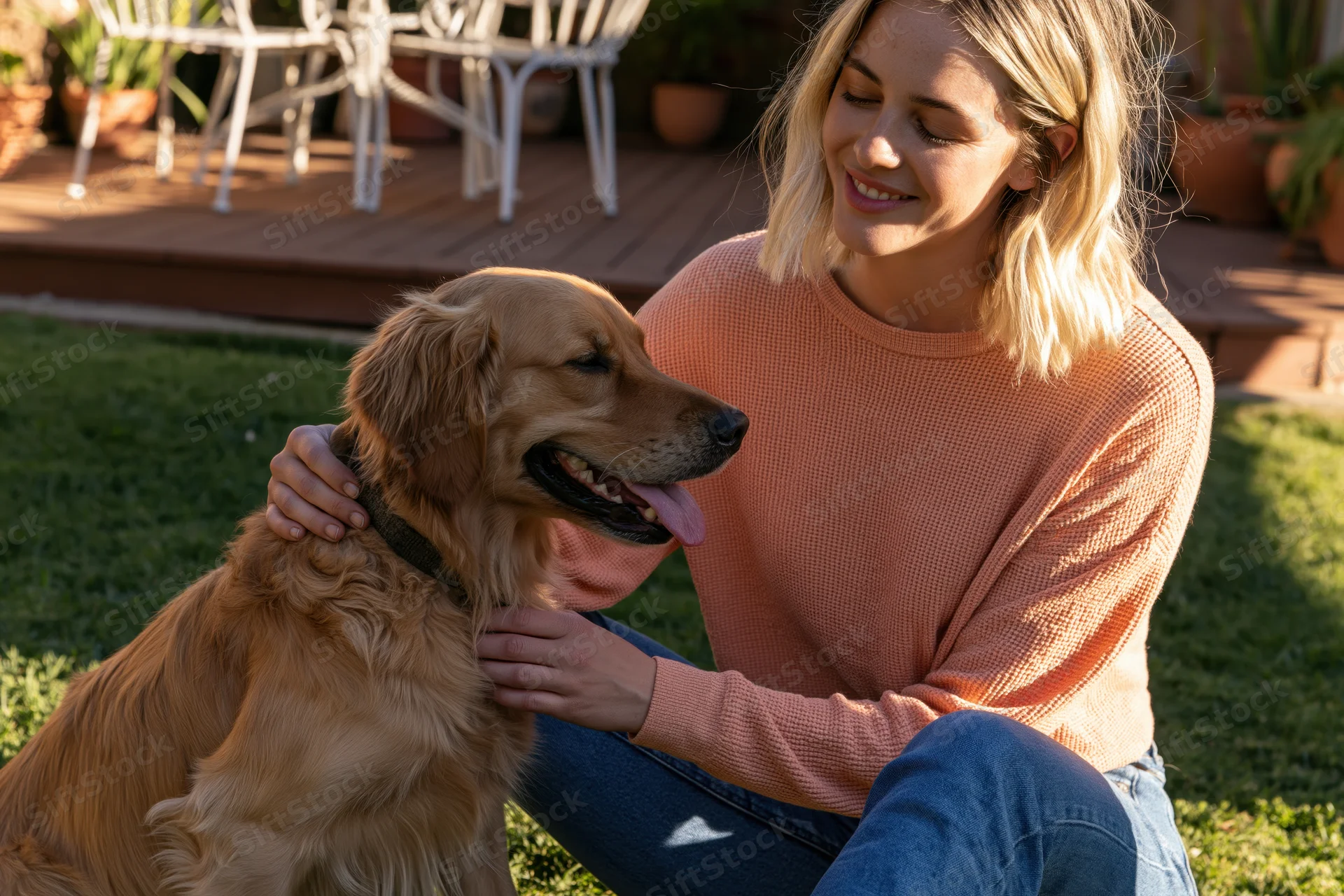 Woman smiling and petting golden retriever in backyard garden