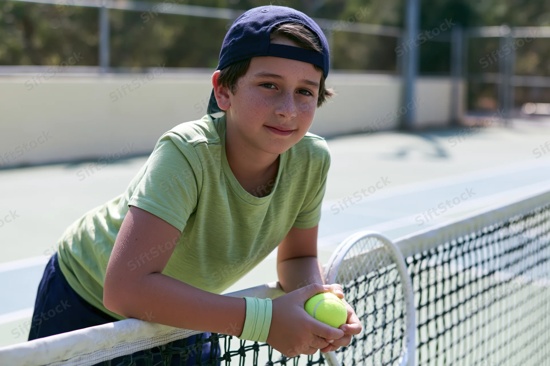Boy leaning on tennis net holding ball on court
