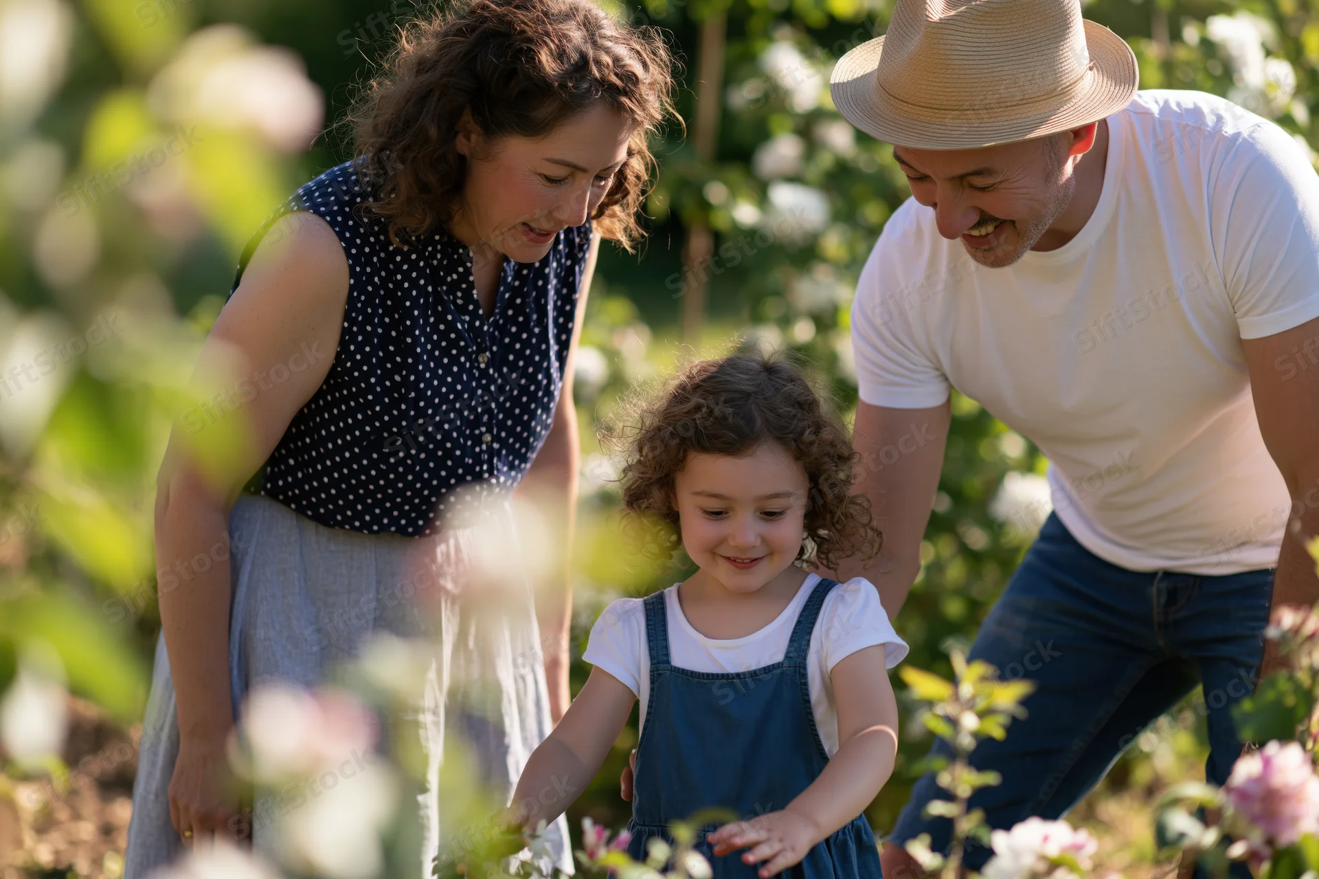 Family with mother, father and young daughter smiling together in a sunlit garden surrounded by blooming roses and greenery