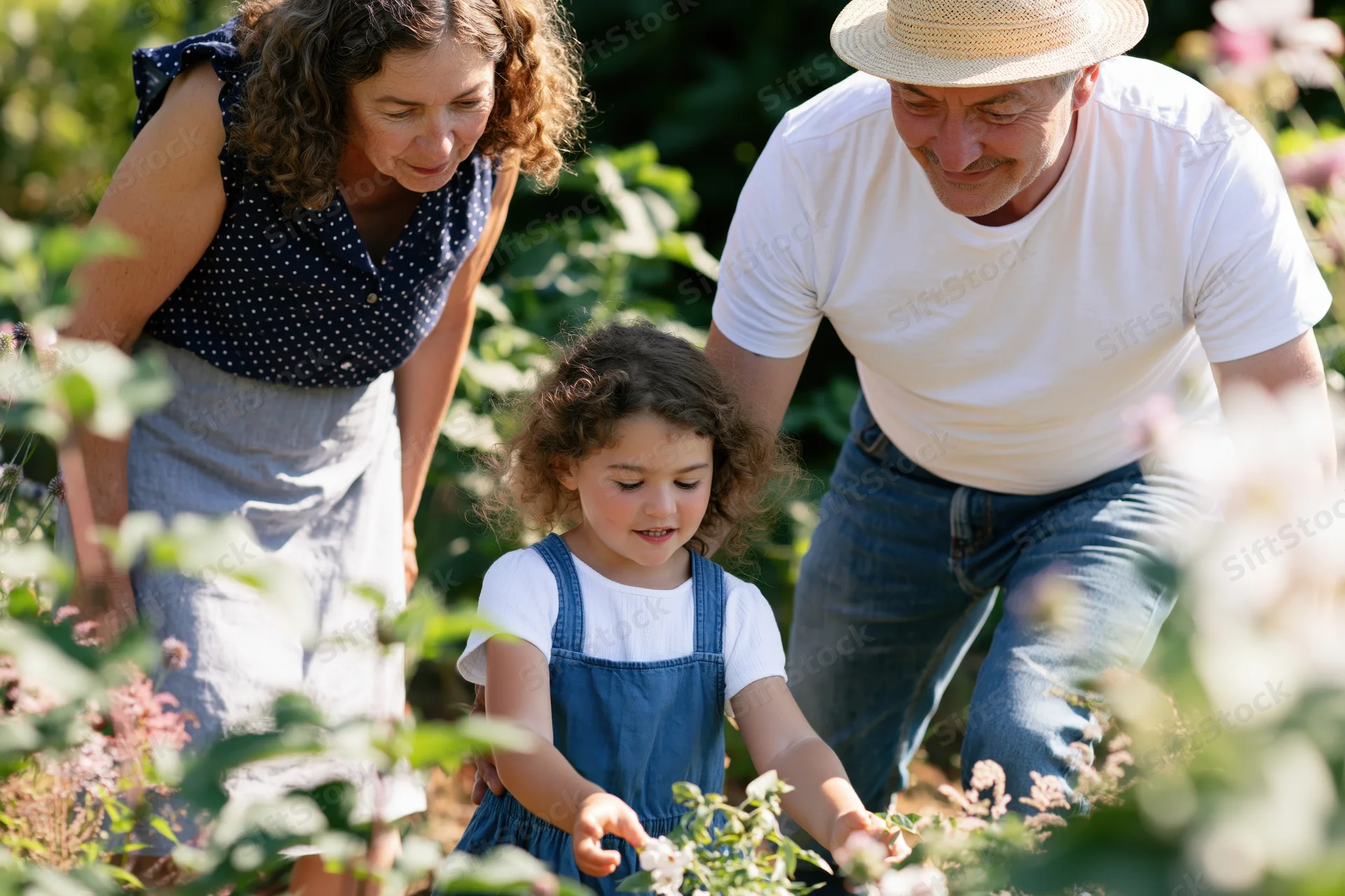 Family with young girl tending plants in sunlit garden