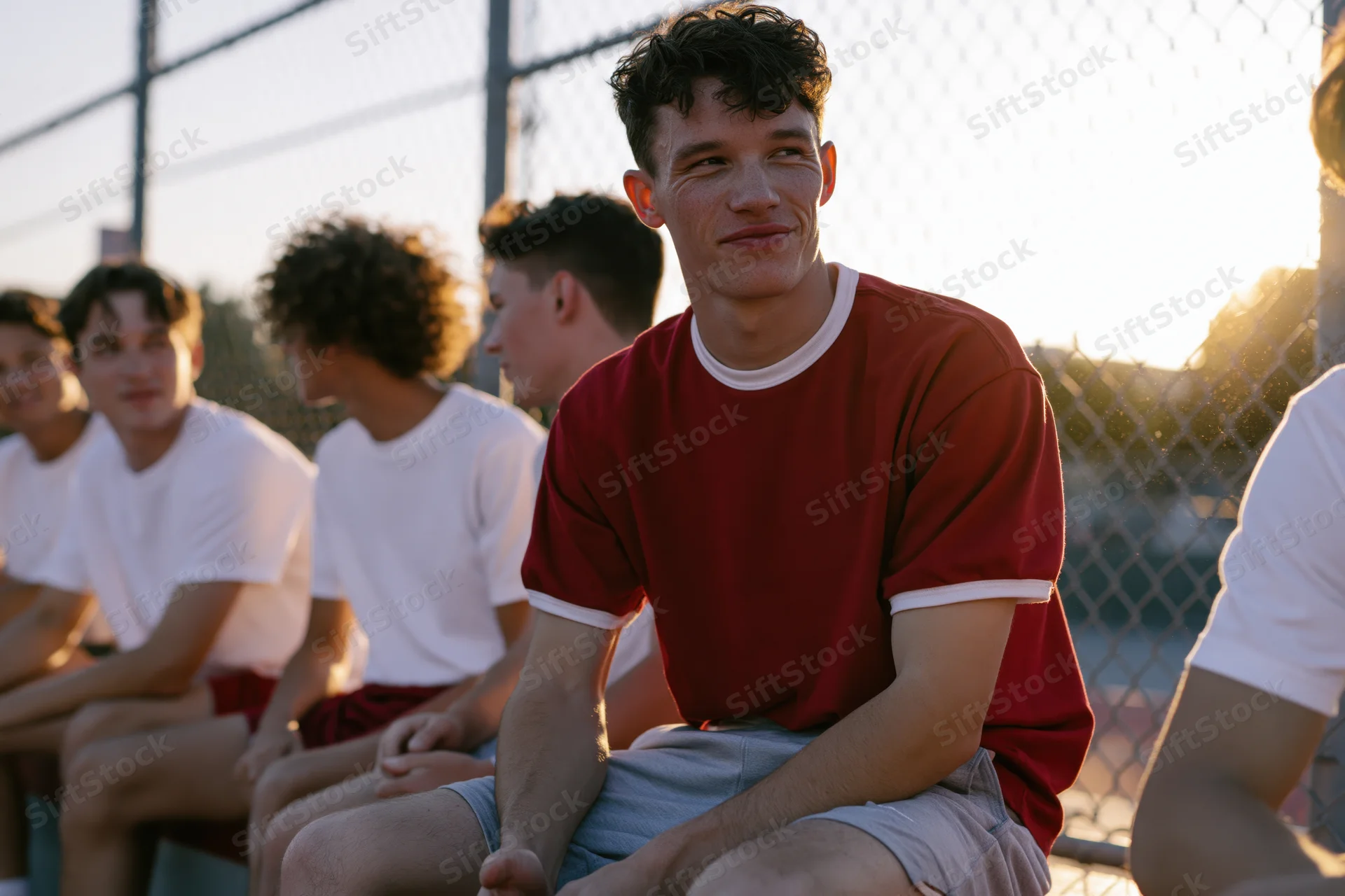 Young men sitting together on a bench at a sports field during sunset