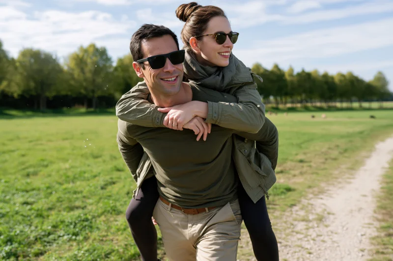 Man giving woman a piggyback ride on a grassy path in a park