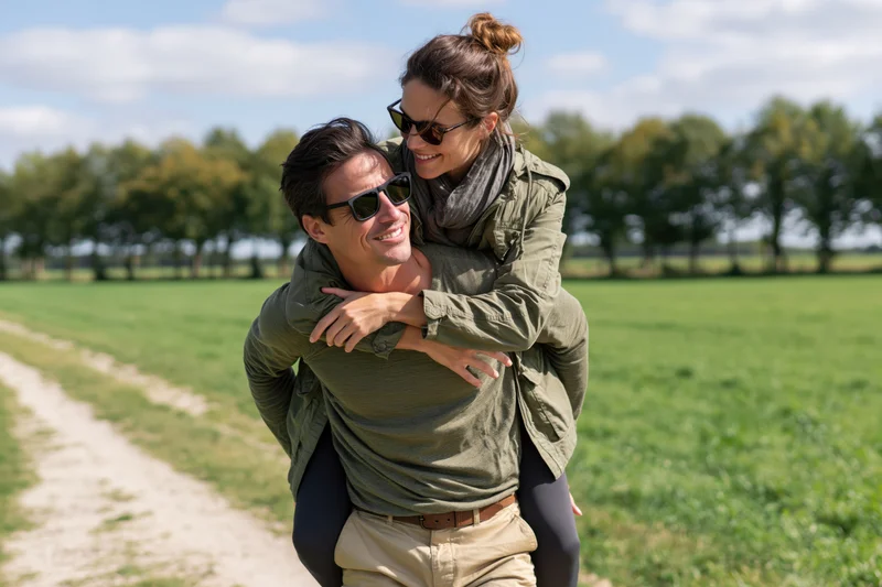 Man giving woman a piggyback ride on a grassy path in a rural field