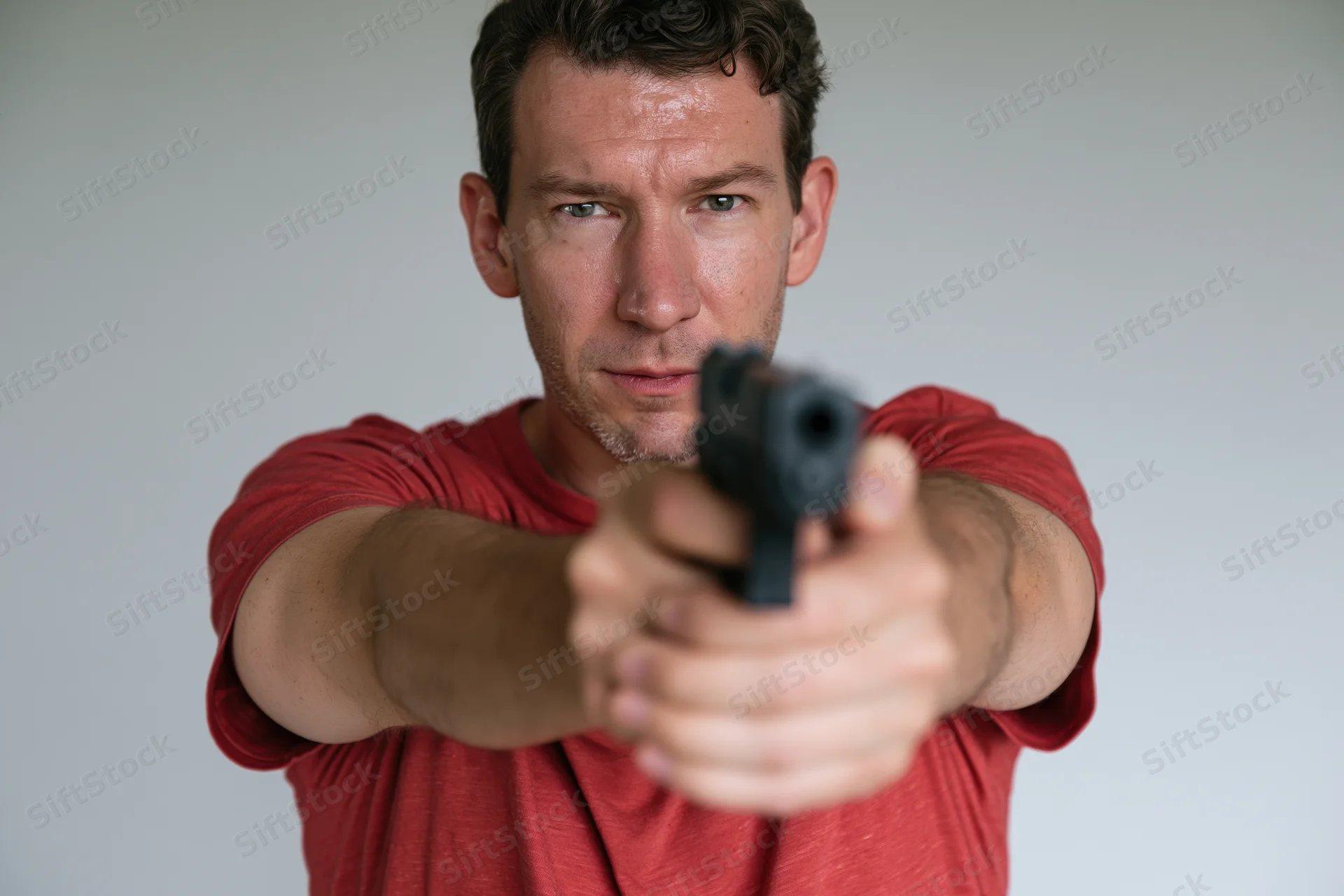 Man aiming handgun with both hands in studio setting