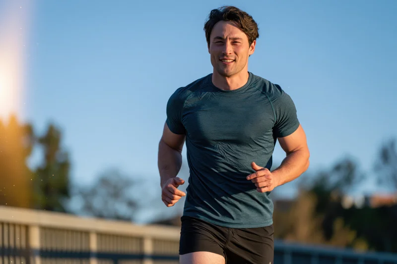 Man running on a bridge during golden hour with trees and sky in background
