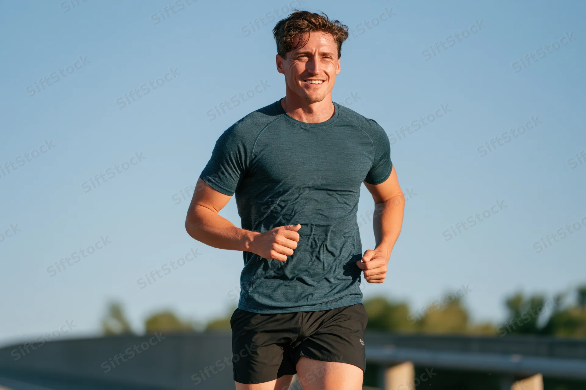 Man running on a bridge outdoors smiling in sportswear