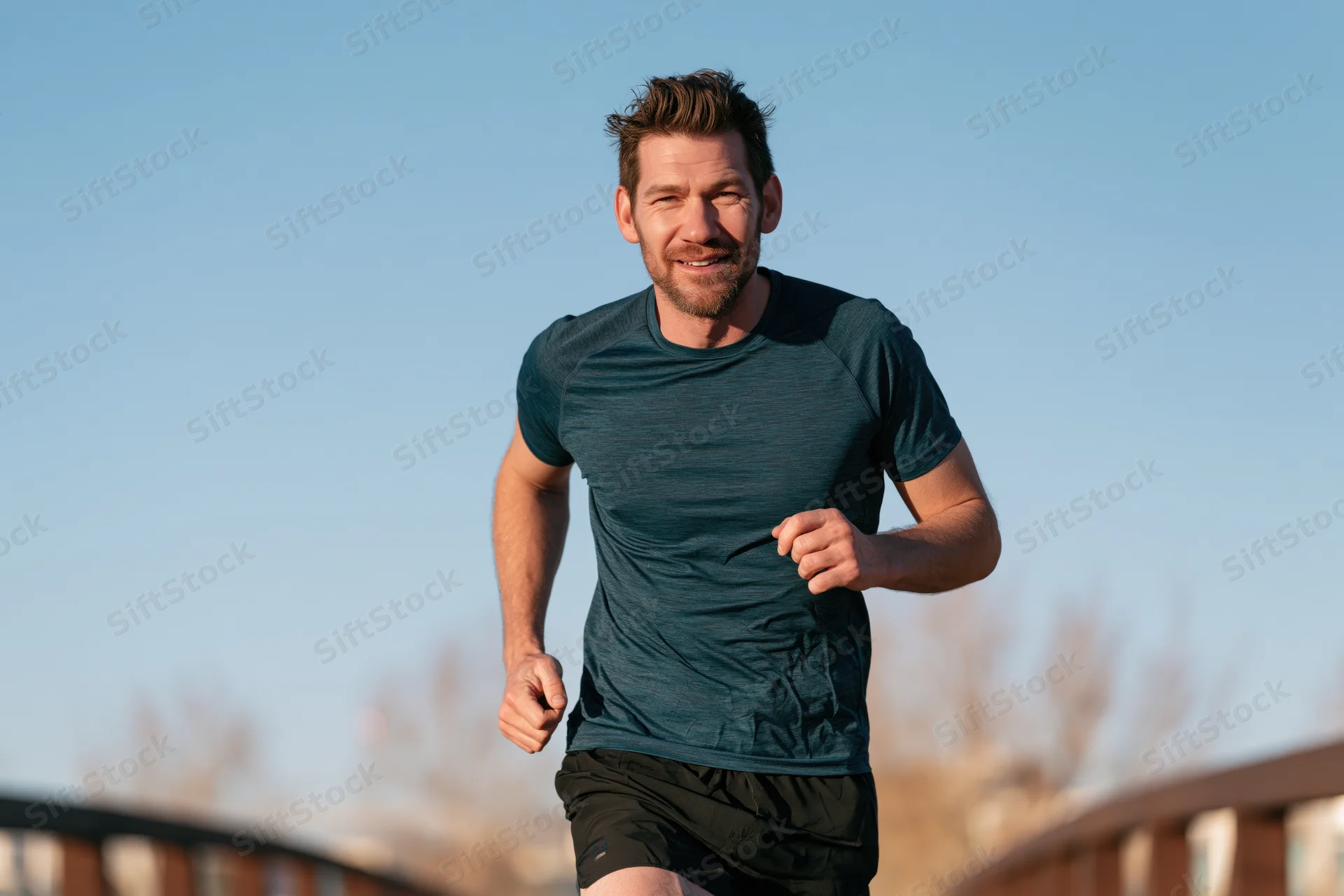 Man running on a bridge outdoors in sportswear during daylight