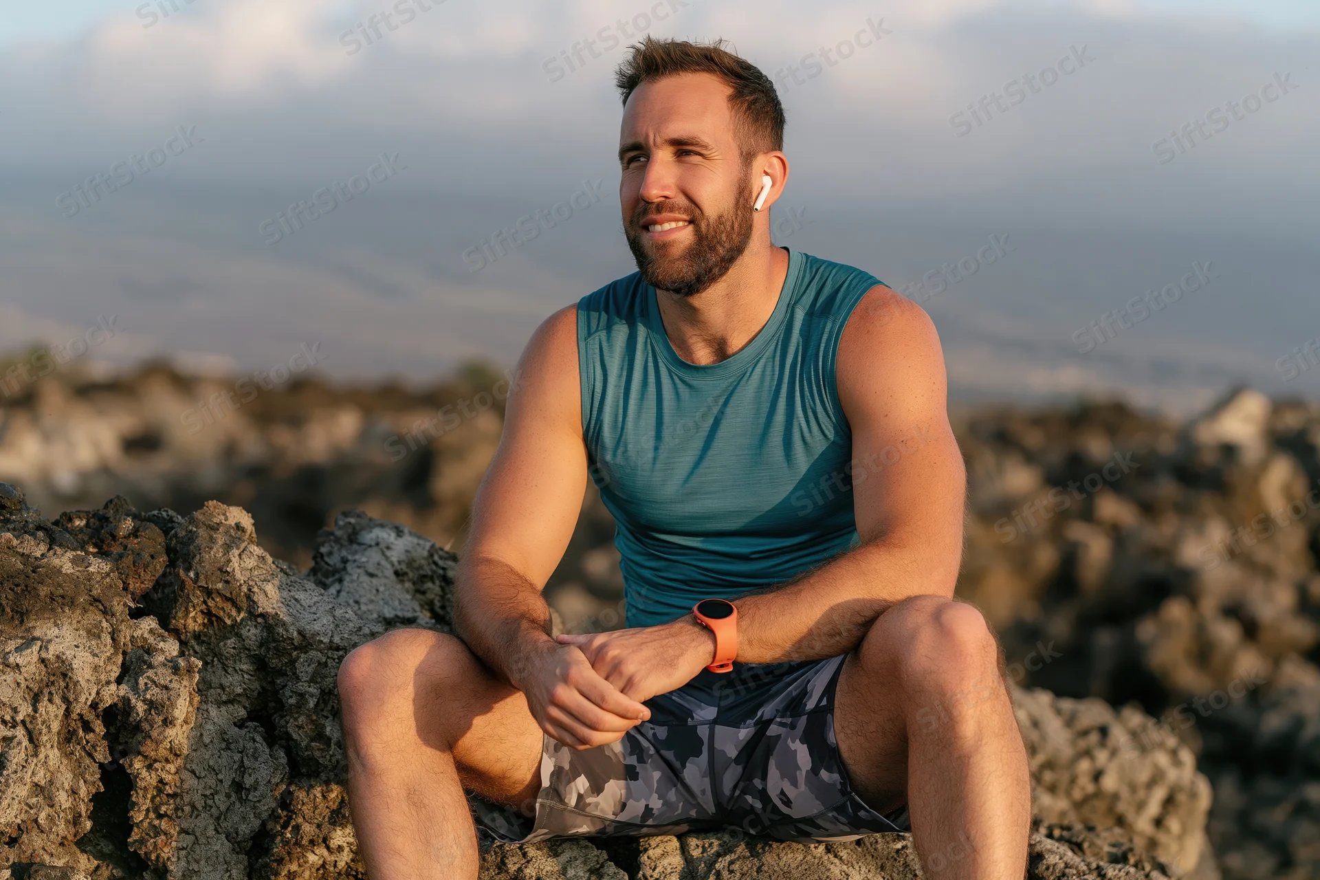 Man sitting on volcanic rock outdoors wearing fitness gear and earbuds during golden hour