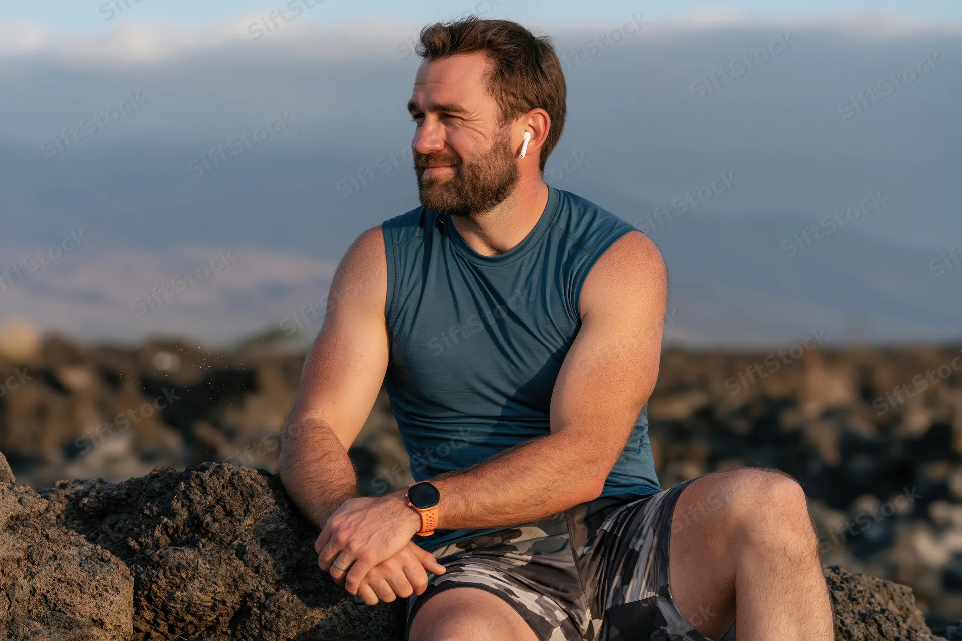 Man sitting on volcanic rock outdoors during golden hour wearing sleeveless shirt and earbuds