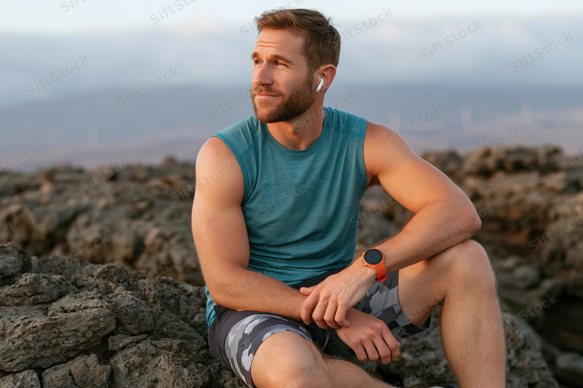 Man resting on volcanic rock formation during sunset outdoors