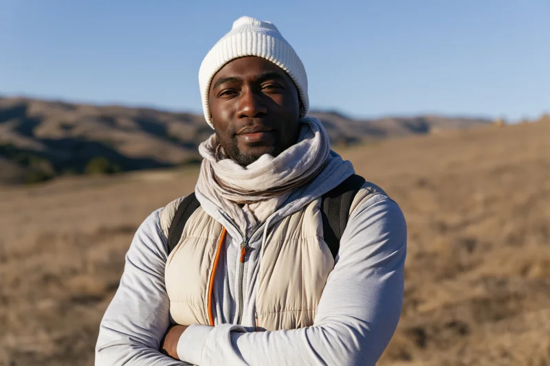 Man standing in dry grassy field with arms crossed, wearing beanie and scarf, backpack on shoulders, smiling at camera