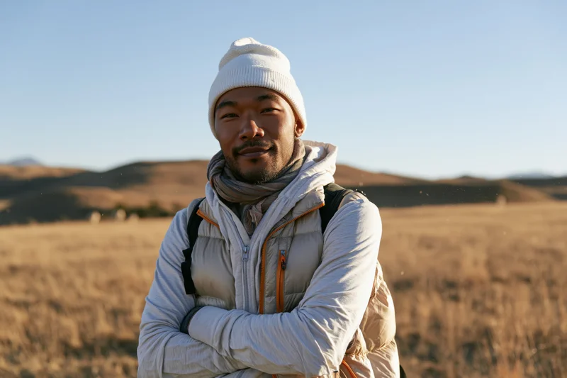 Man with arms crossed wearing beanie and scarf standing in dry grassy field with mountains in background