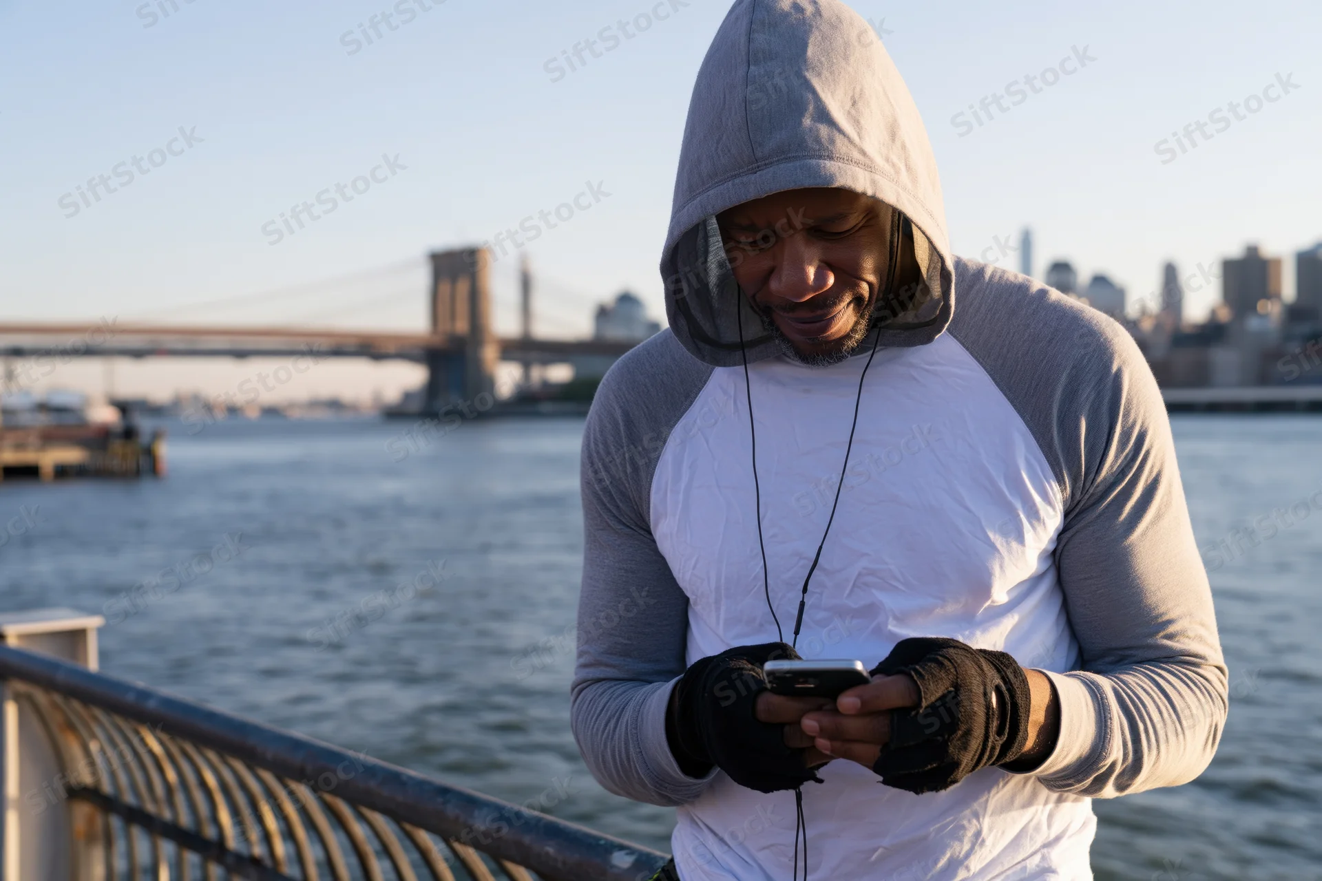 Man in hoodie using smartphone with headphones by waterfront railing near bridge