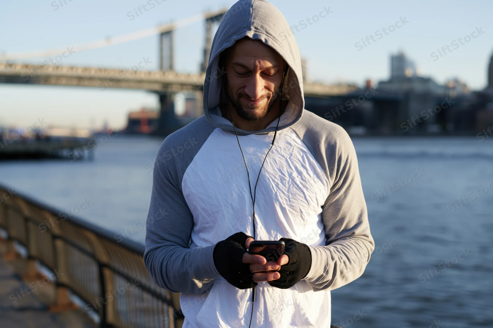 Man in hoodie using smartphone by river with bridge in background