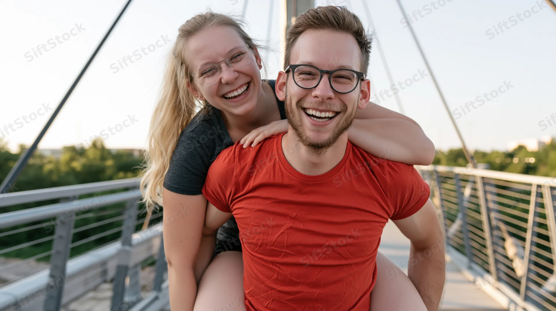 Young couple laughing while piggybacking on a modern bridge outdoors