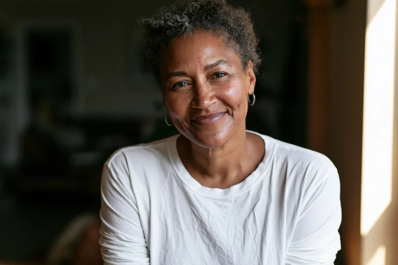 Middle-aged black woman smiling in a candid portrait indoors by a window