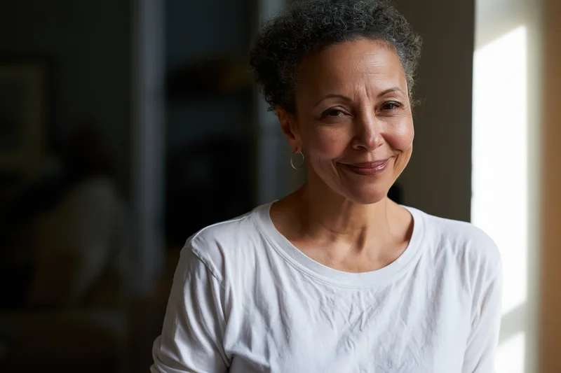 Middle-aged black woman smiling in a softly lit indoor setting wearing a white t-shirt