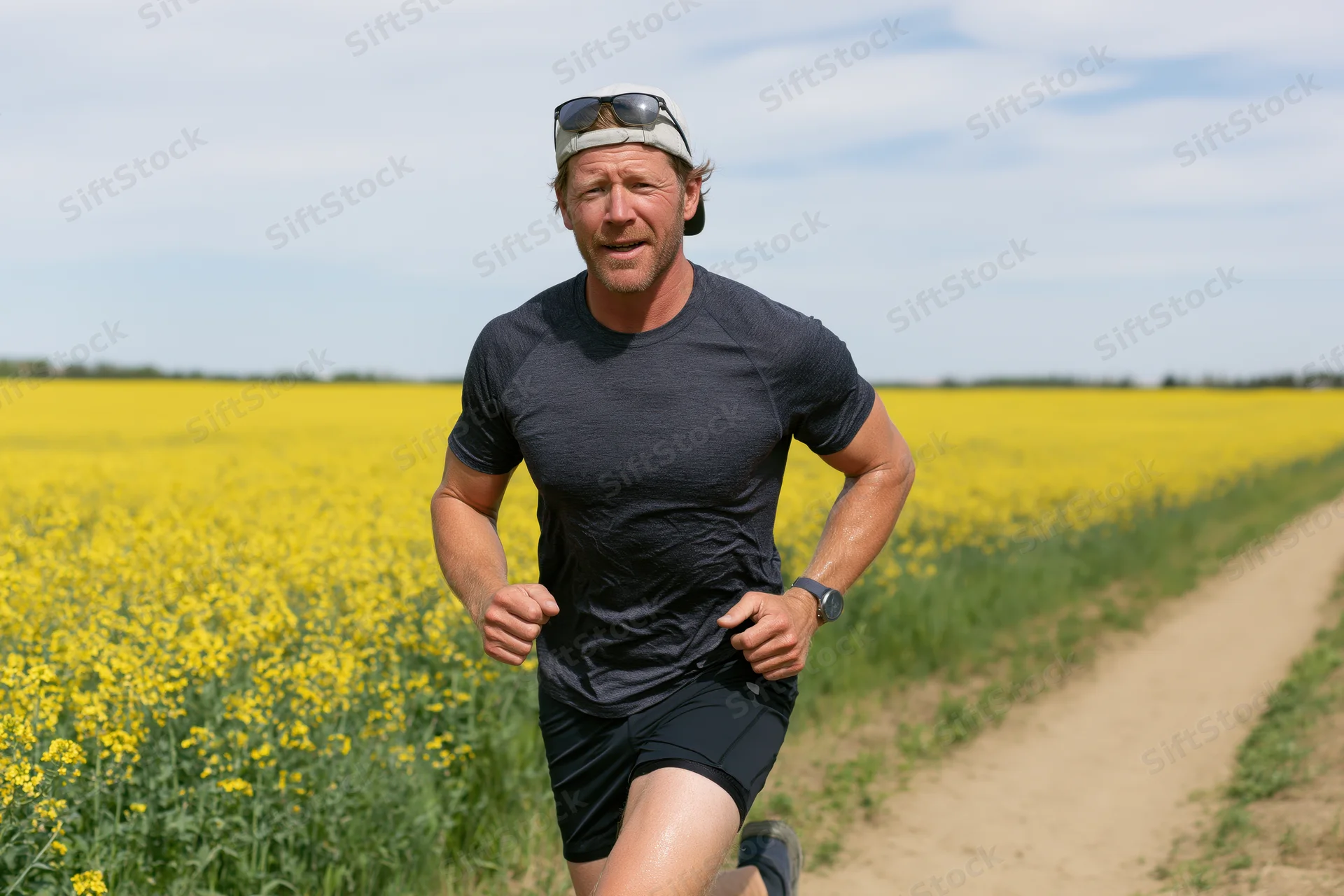 Middle-aged man running along a dirt path through a yellow canola field