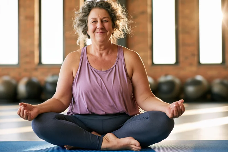 Senior woman sitting crosslegged on a yoga mat in a studio, smiling calmly with hands resting on knees