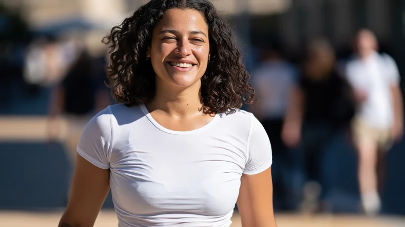 Smiling athletic woman in white tshirt walking outdoors on a sunny day