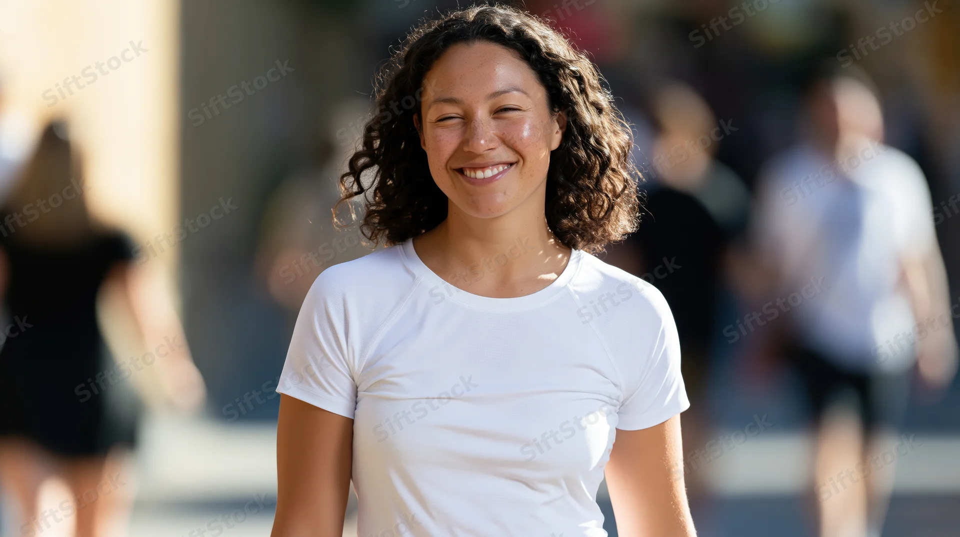Smiling athletic woman in white tshirt walking outdoors on city street
