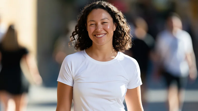 Smiling athletic woman in white tshirt walking outdoors on city street