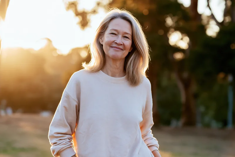 Smiling middle-aged woman in a beige sweater standing outdoors in a park at golden hour