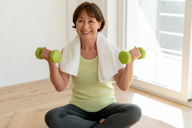 Smiling middle-aged woman lifting green dumbbells while sitting on a yoga mat indoors