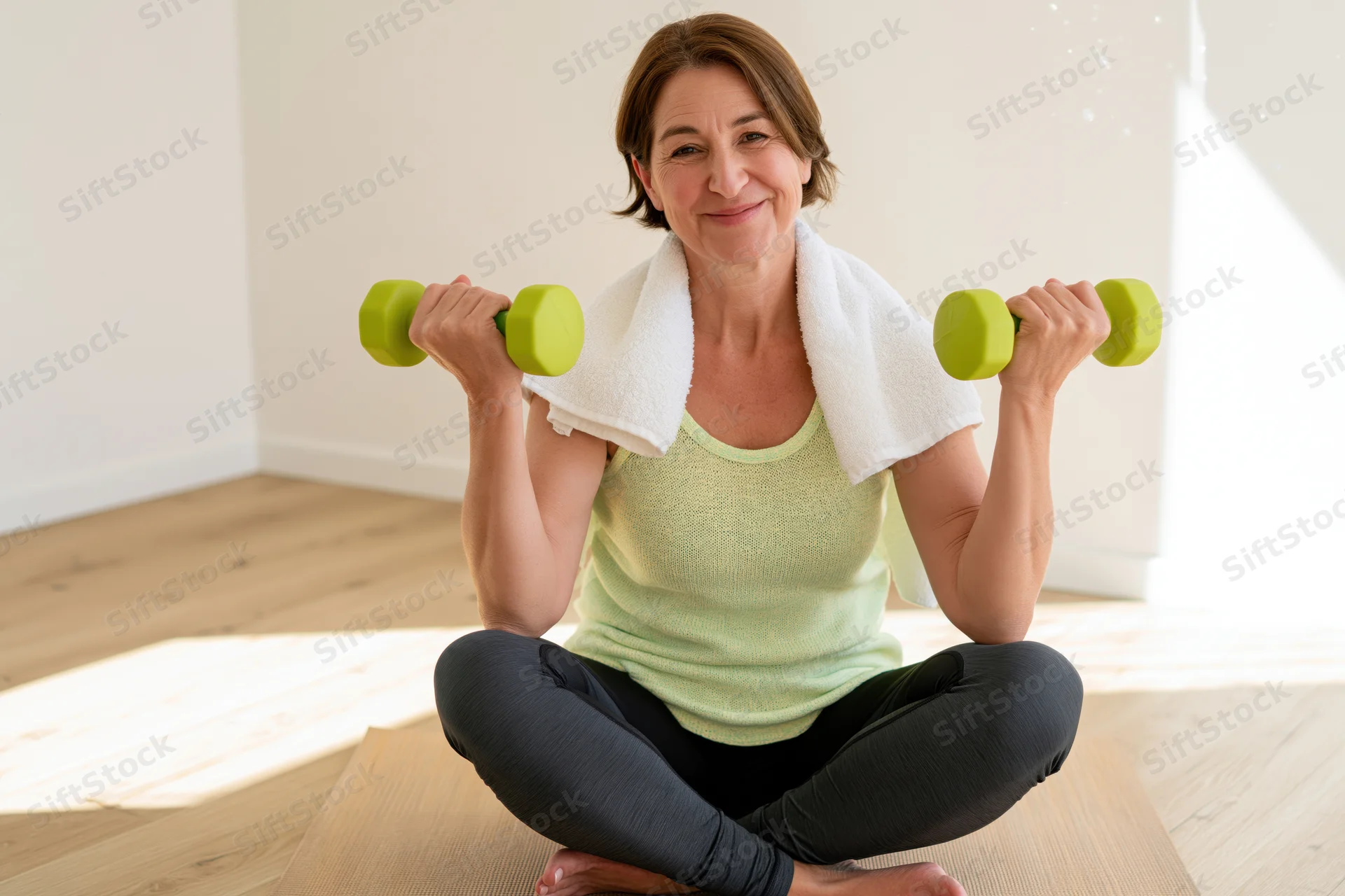 Woman smiling while lifting dumbbells seated on yoga mat at home