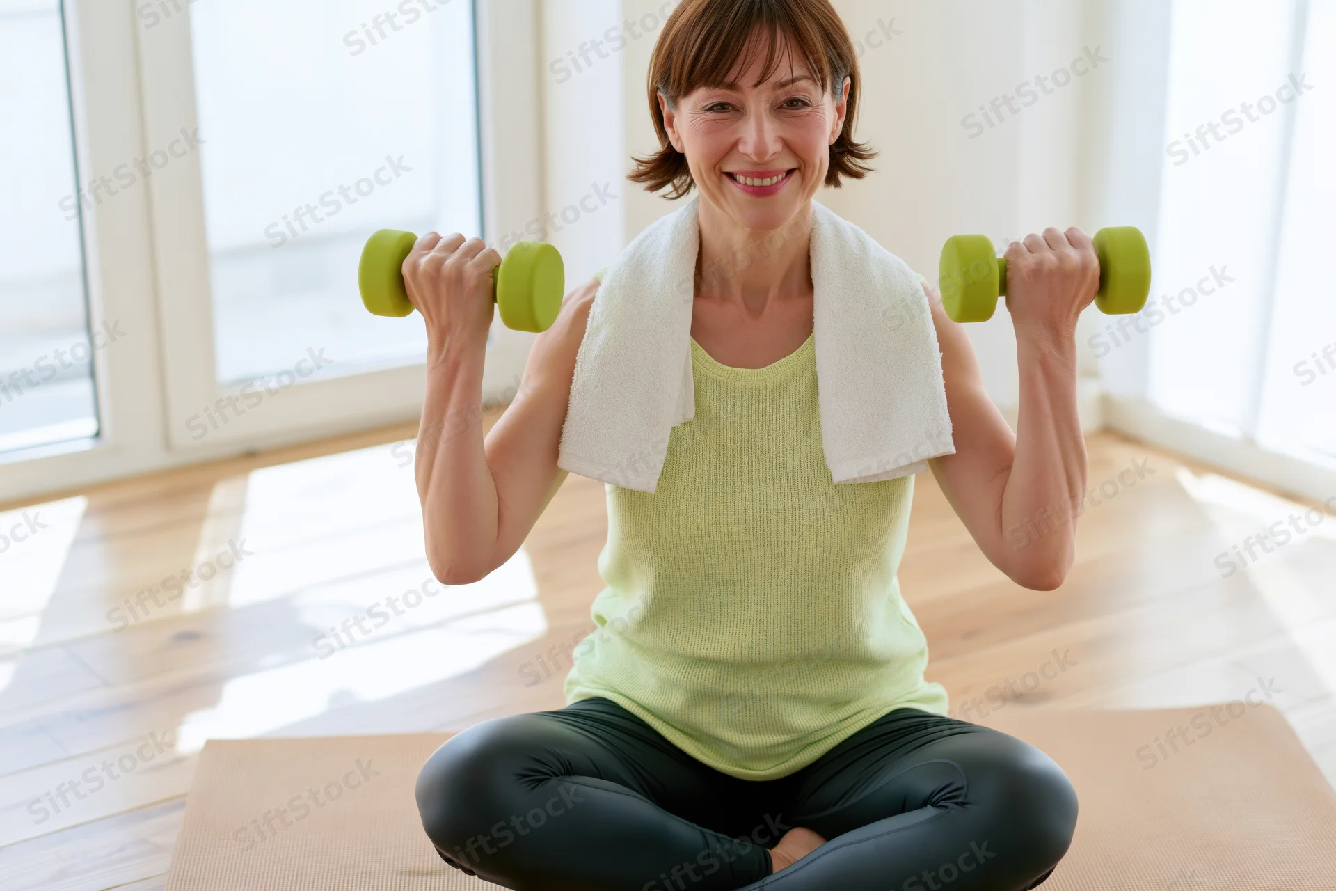 Smiling middle-aged woman lifting green dumbbells while seated on a yoga mat indoors