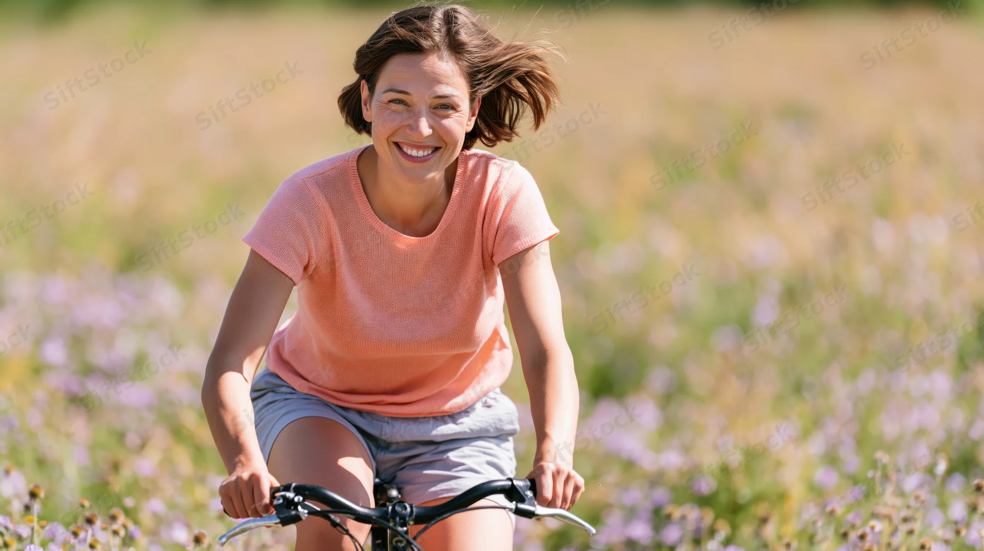 Woman riding a bicycle through a field of wildflowers smiling at the camera