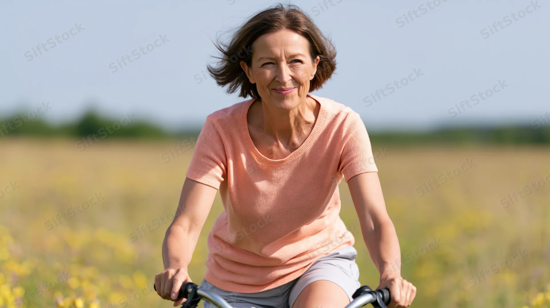 Woman riding a bicycle through a field of yellow flowers on a sunny day