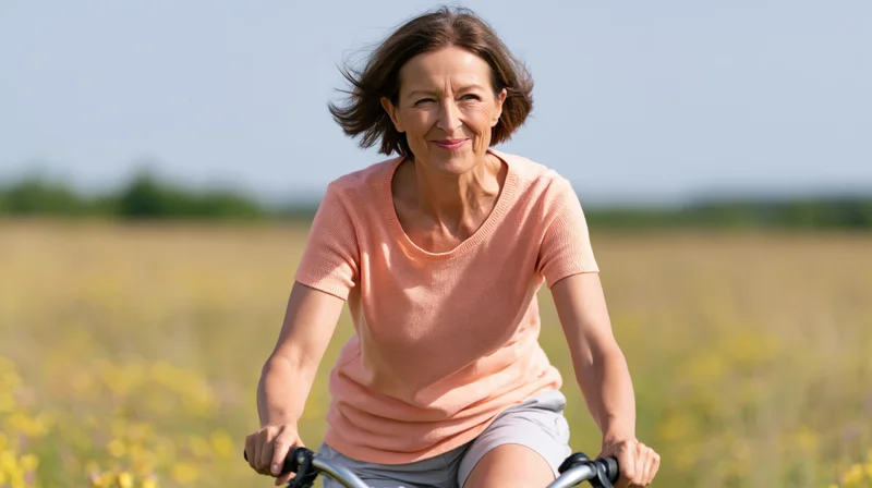 Woman riding a bicycle through a field of yellow flowers on a sunny day
