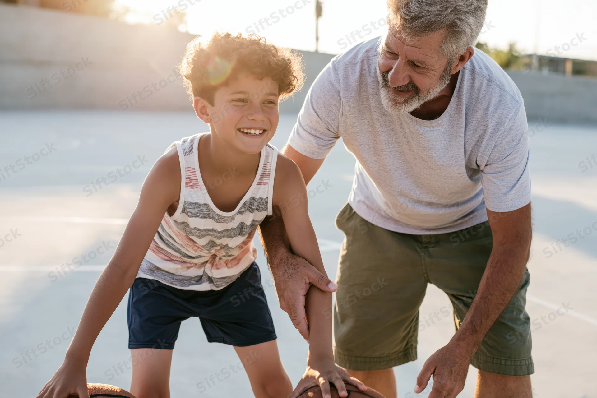Young boy playing basketball with his grandfather on an outdoor court during golden hour