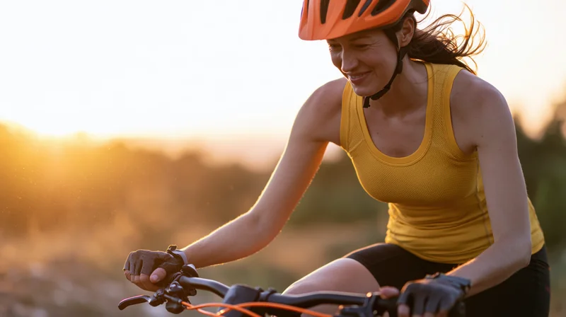 Woman cyclist riding on a dirt trail at sunset smiling in sportswear