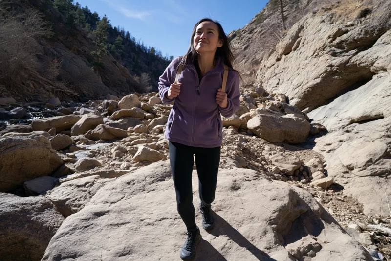 Woman hiking on rocky mountain trail in natural canyon landscape
