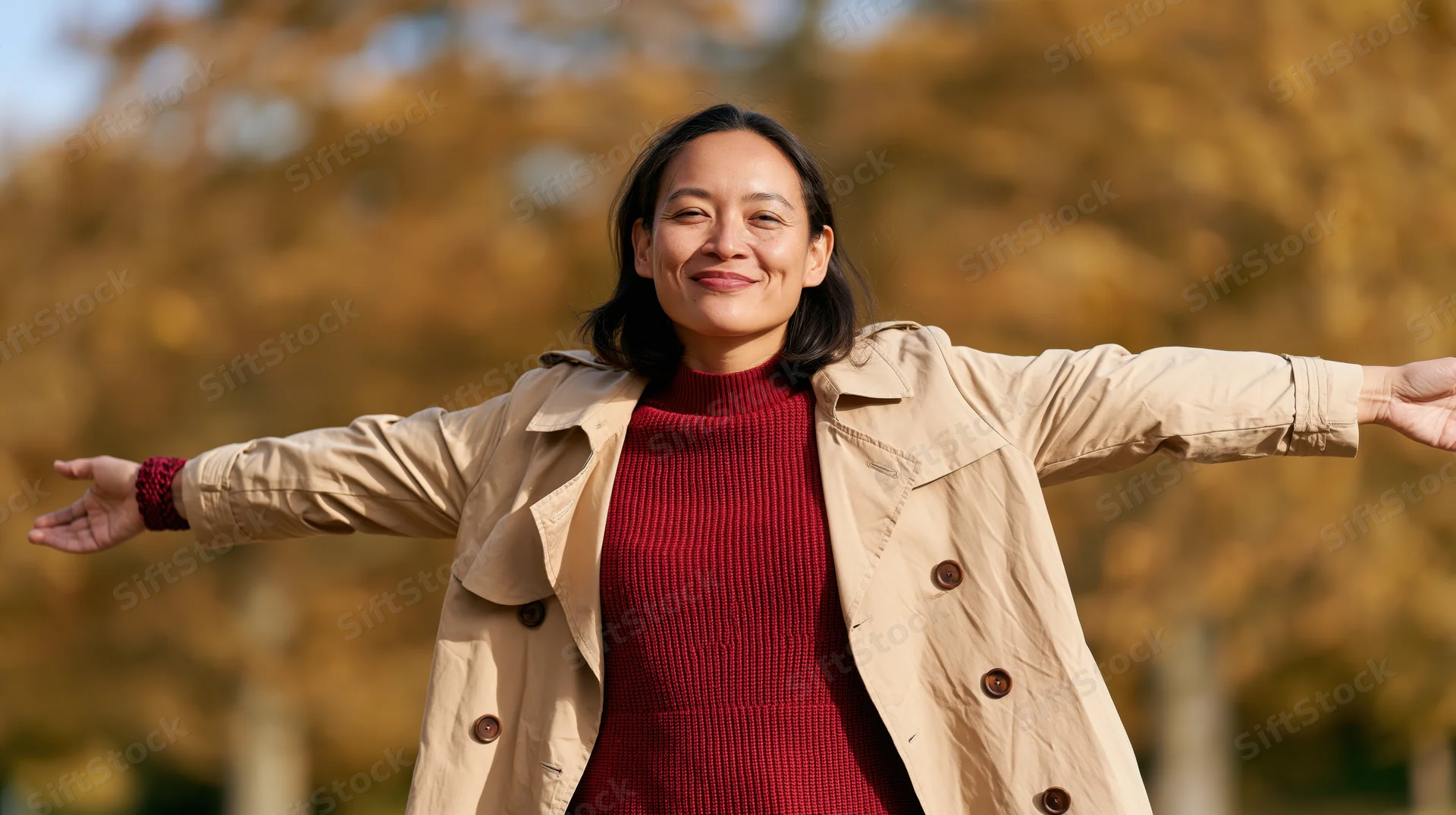 Woman smiling with arms outstretched in a park during autumn