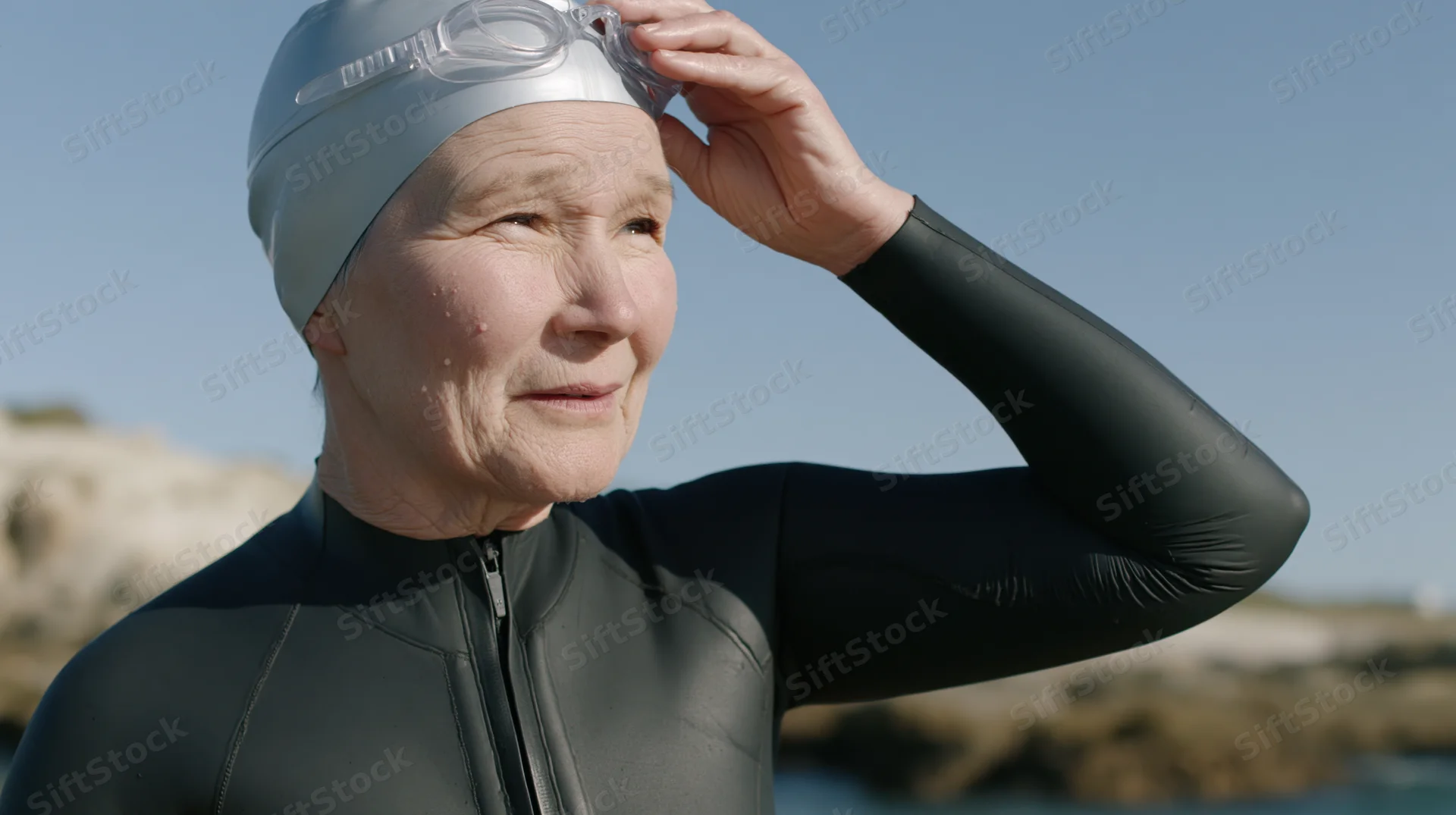 Senior woman adjusting goggles while wearing swimcap and wetsuit at ocean coastline