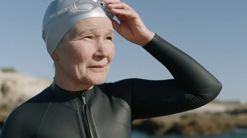 Senior woman adjusting goggles while wearing swimcap and wetsuit at ocean coastline