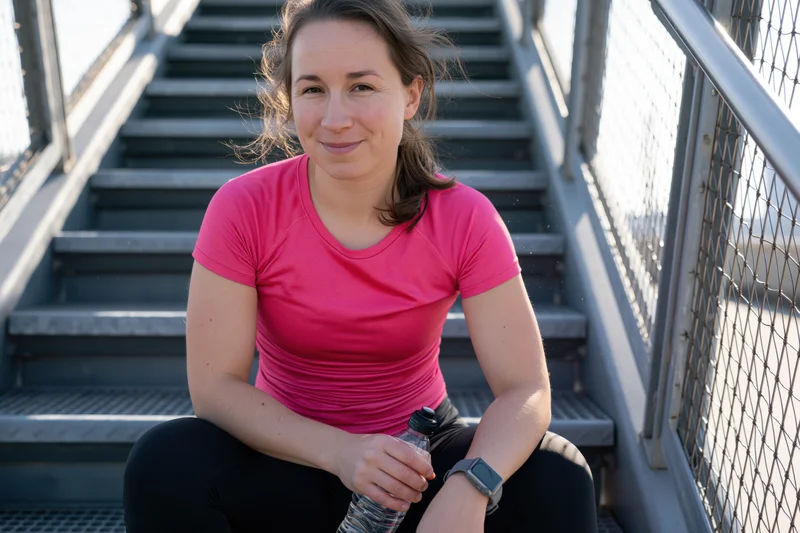 Woman sitting on metal stairs outdoors holding water bottle and wearing smartwatch