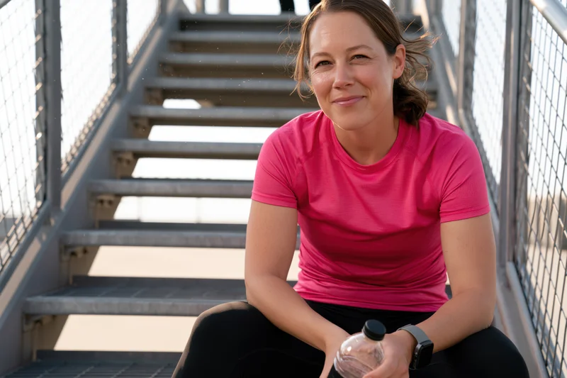 Woman sitting on metal stairs outdoors holding water bottle after workout