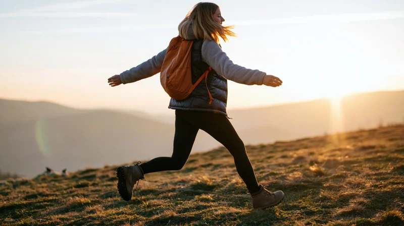 Woman running on a grassy hill at sunset with backpack and outdoor clothing
