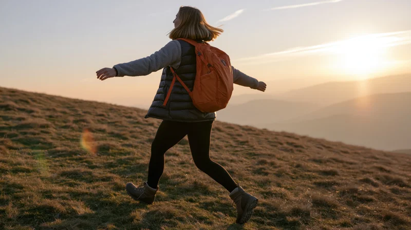 Woman hiking on a grassy hill at sunset with backpack, arms outstretched