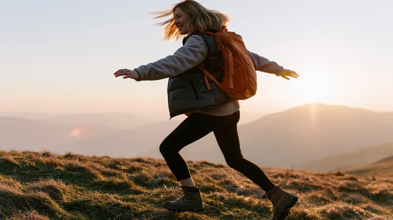 Woman hiking on a grassy mountain trail at sunset, arms outstretched, smiling, wearing backpack and outdoor gear