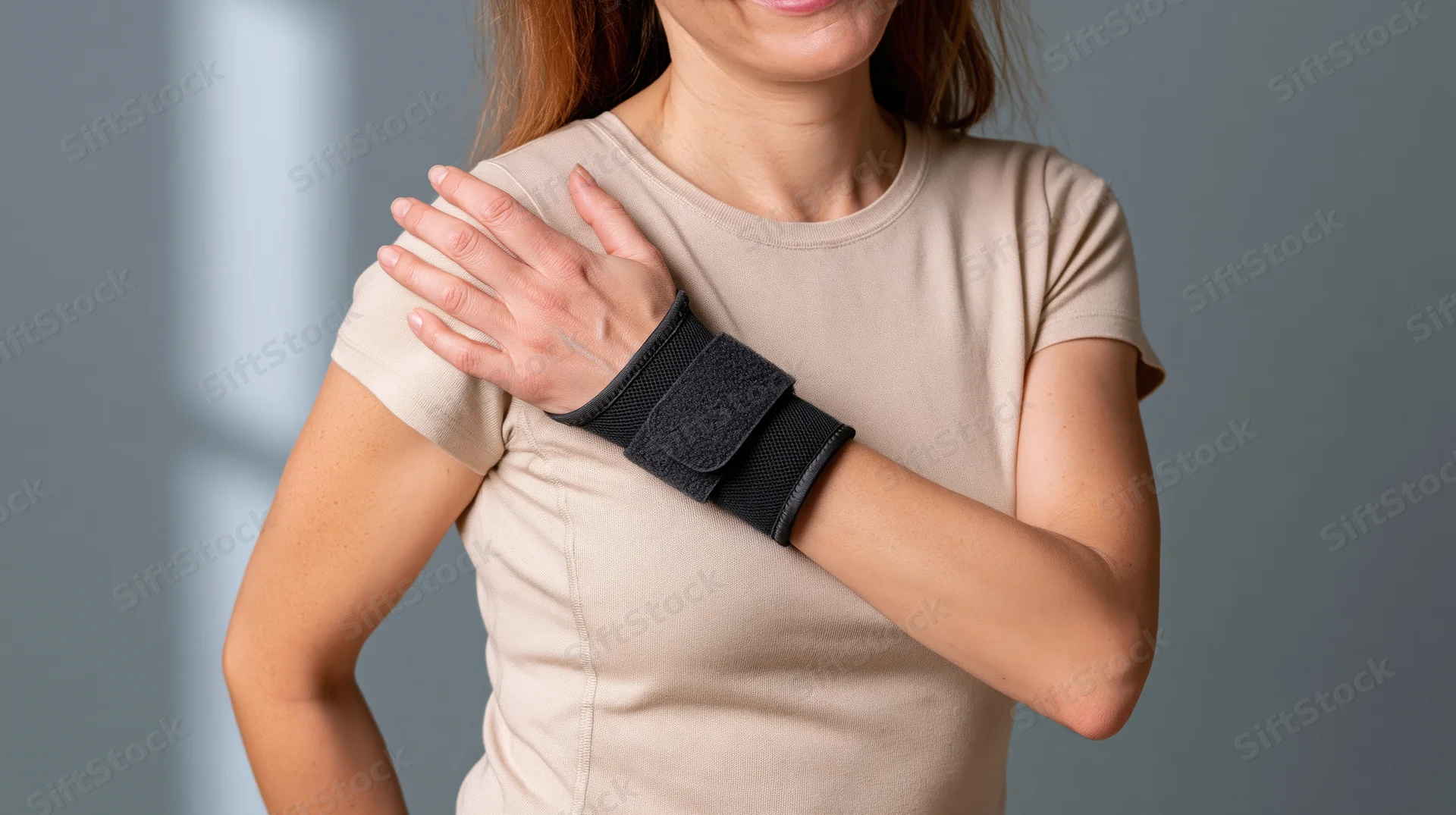 Woman wearing black wrist brace holding shoulder in studio setting