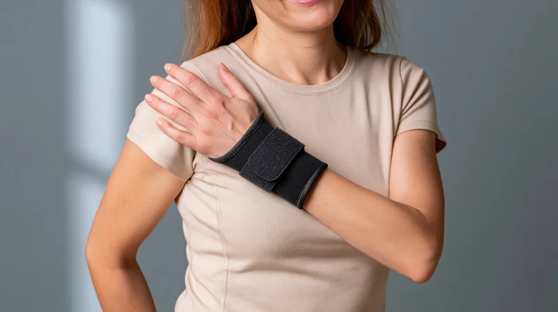 Woman wearing black wrist brace holding shoulder in studio setting