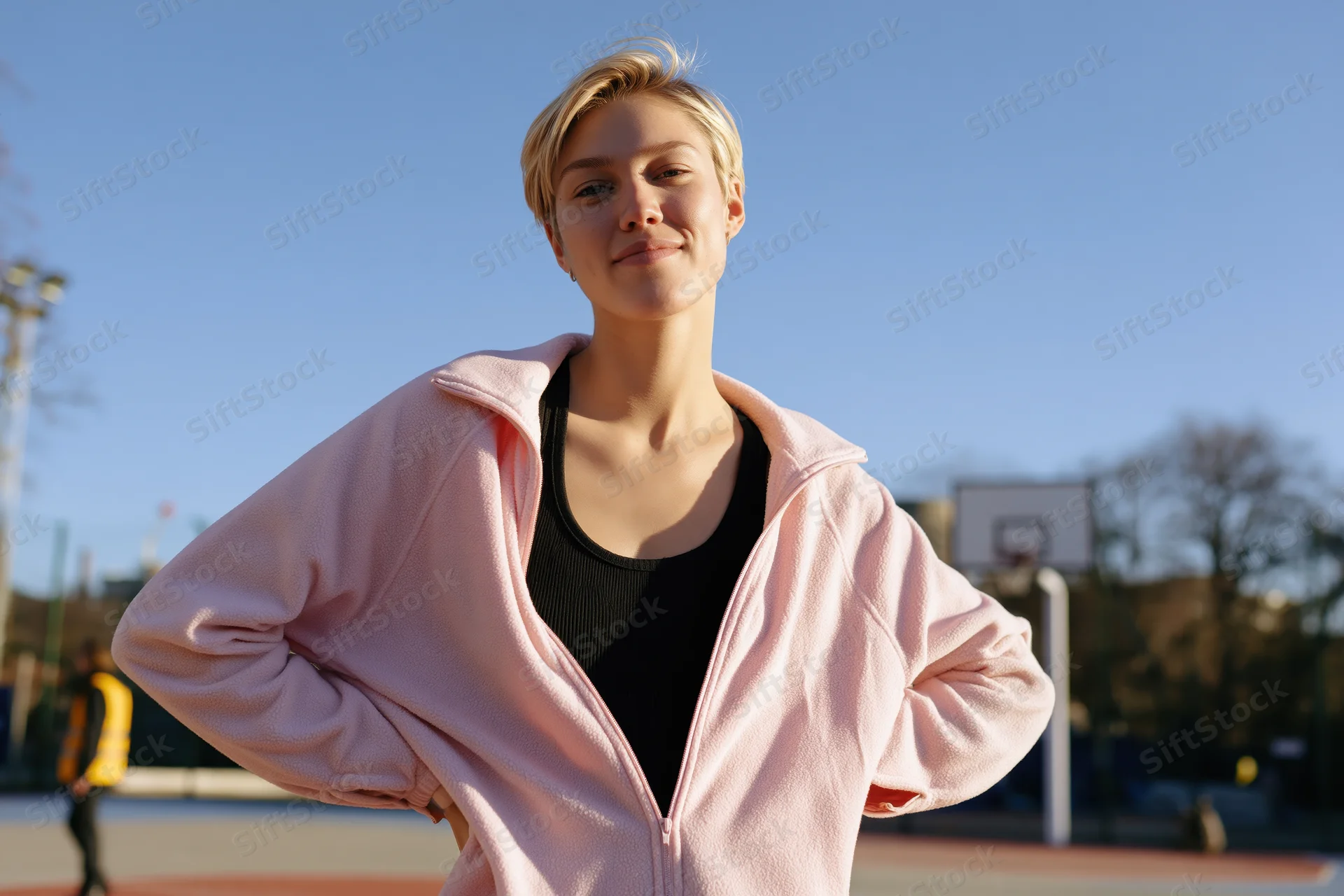 Woman with short blonde hair wearing pink hoodie and black tank top standing on basketball court with hands on hips smiling at camera