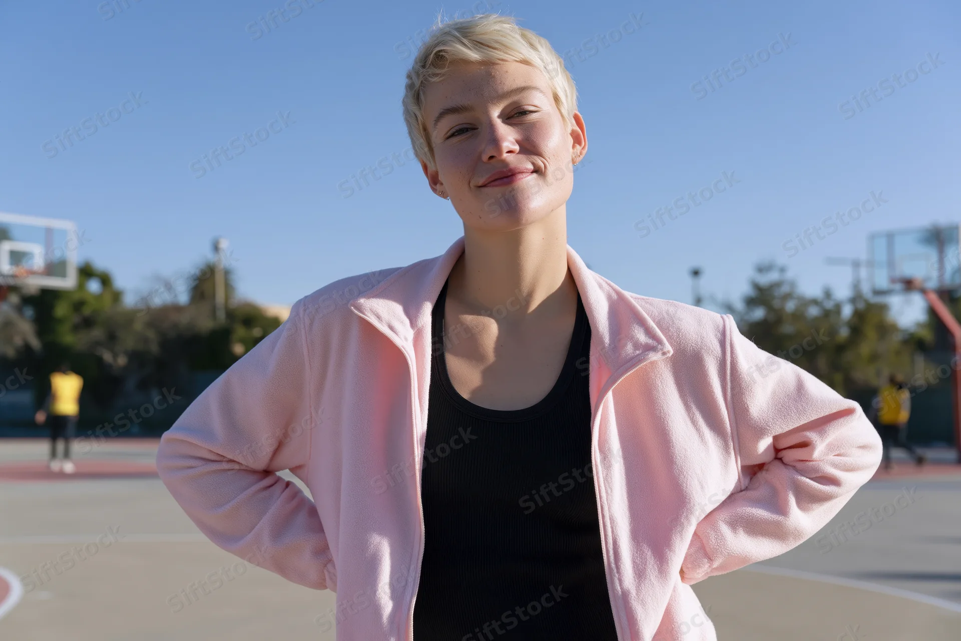 Woman with short blonde hair smiling with hands on hips on basketball court